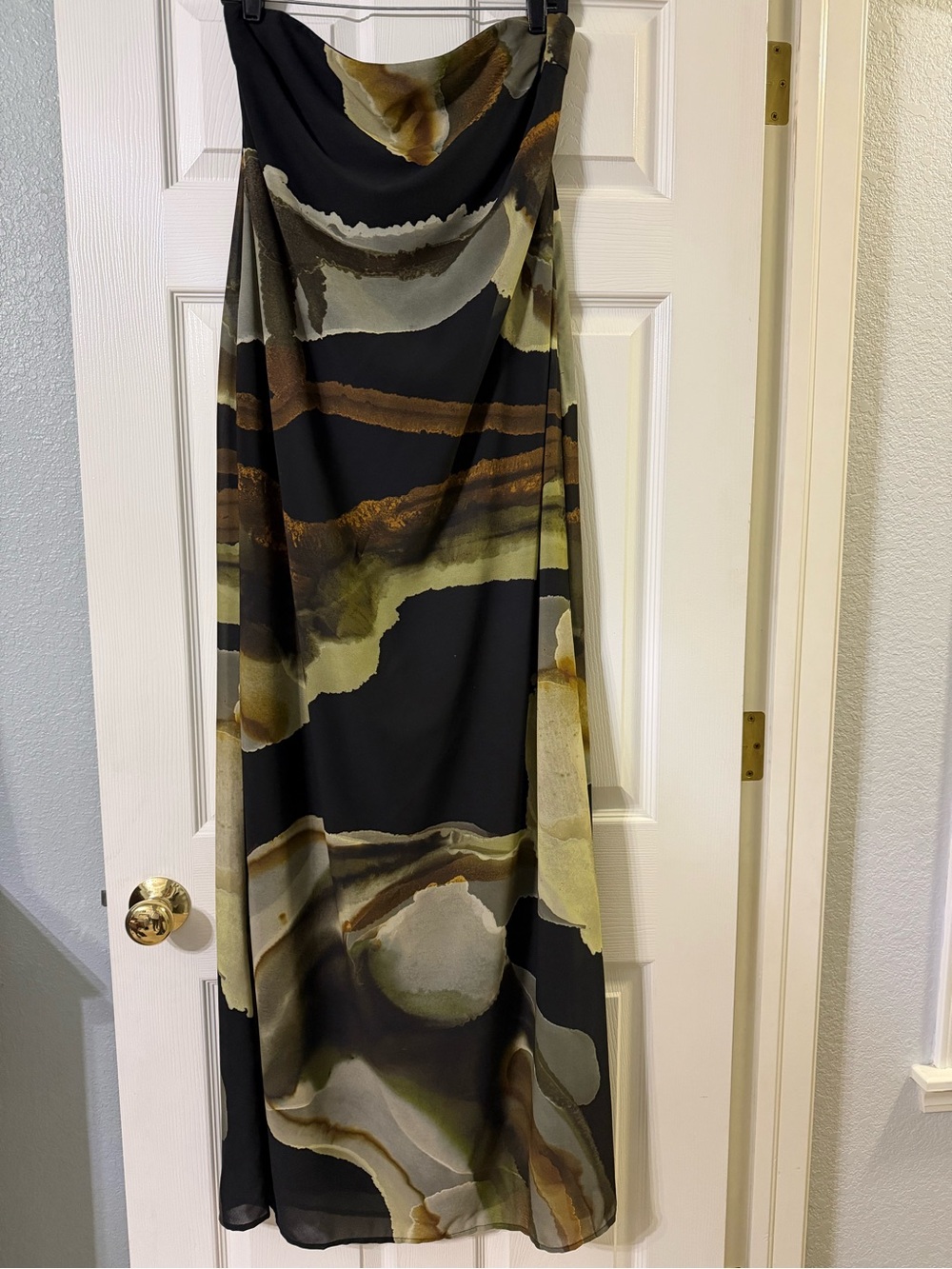 Meshki Black Strapless Maxi Dress with Olive and Brown Abstract Design